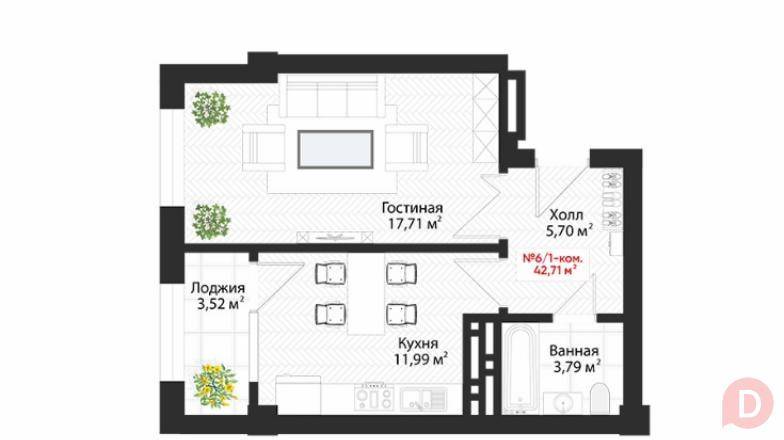 Продаётся 1 комнатная квартира 43м2 в районе Дасмия Анкара/7 апреля Bishkek - изображение 1