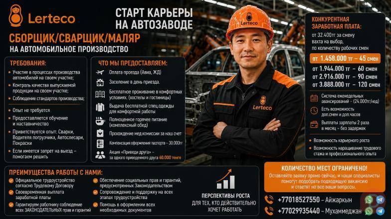 Сборщик / Сварщик / Маляр на автомобильное производство. Astana - изображение 1