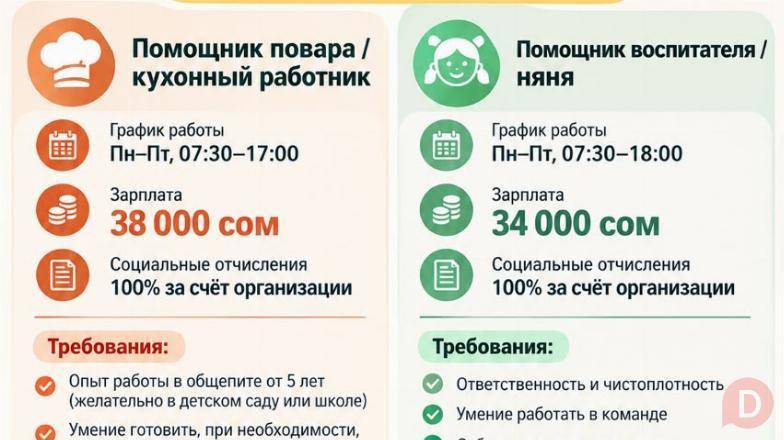 В частный детсад требуются: помощник воспитателя/няня, помощник повара Bishkek - изображение 1